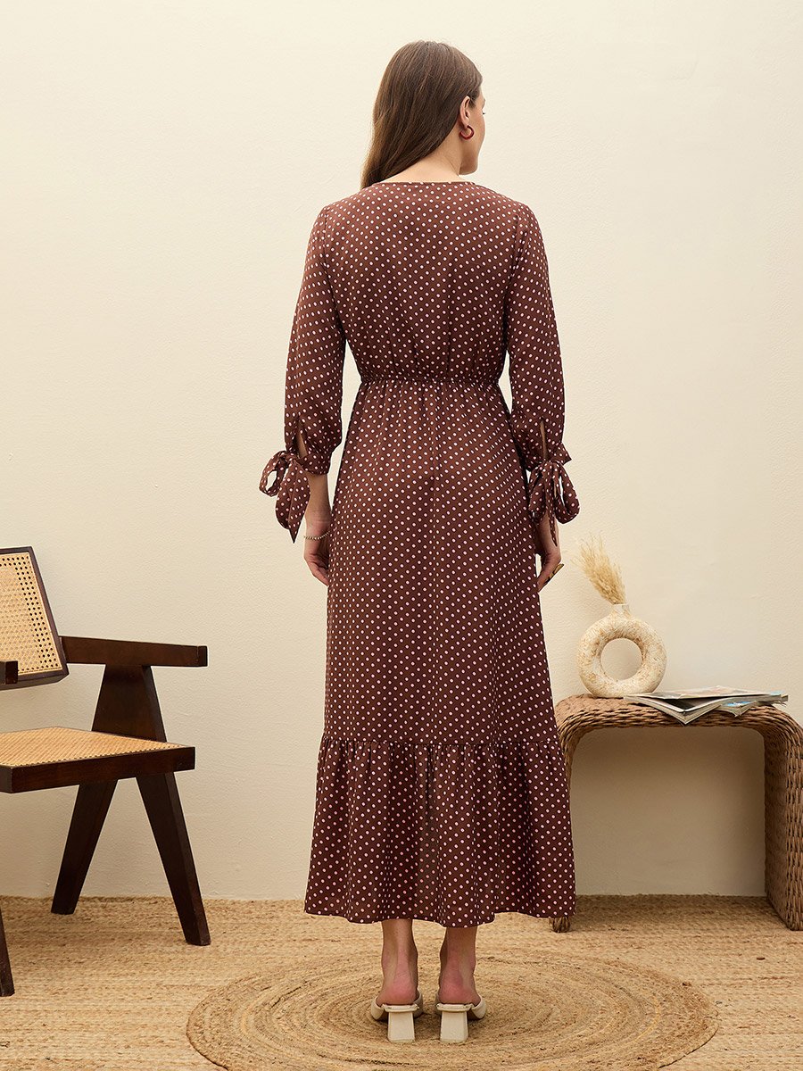 Brown Polka Dot Asymmetric Hem Maxi Dress