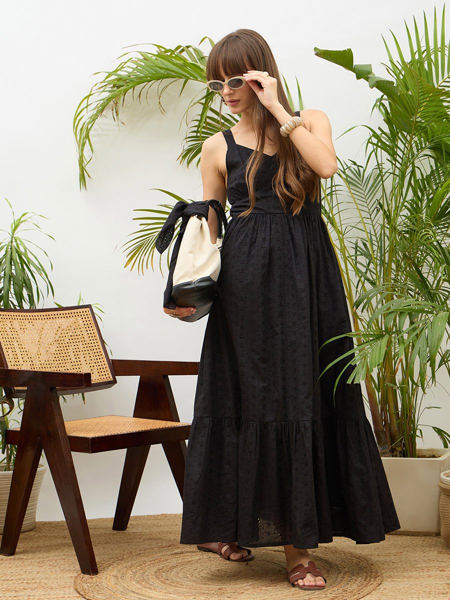 Black Embroidered Strappy Maxi Dress