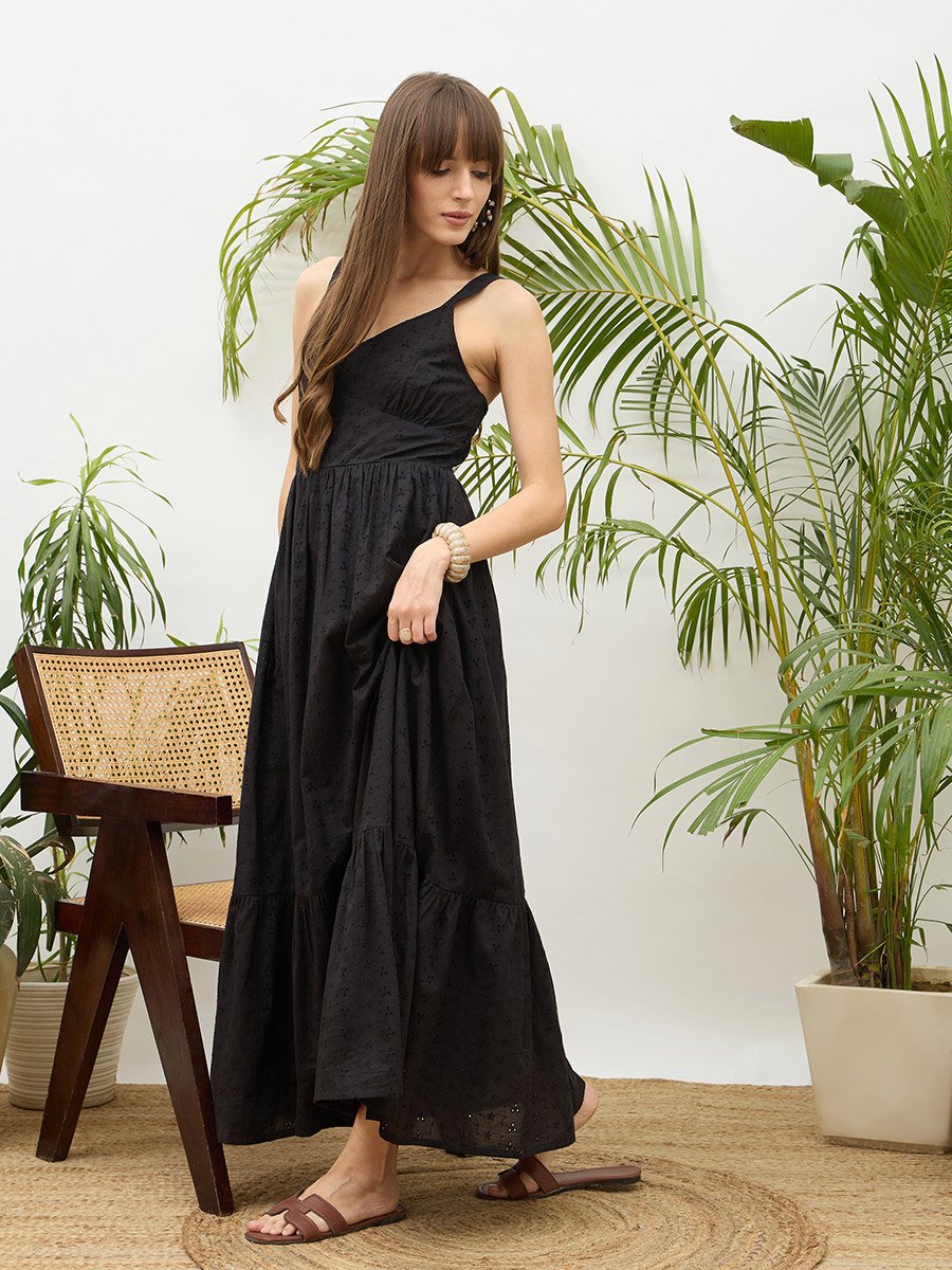 Black Embroidered Strappy Maxi Dress