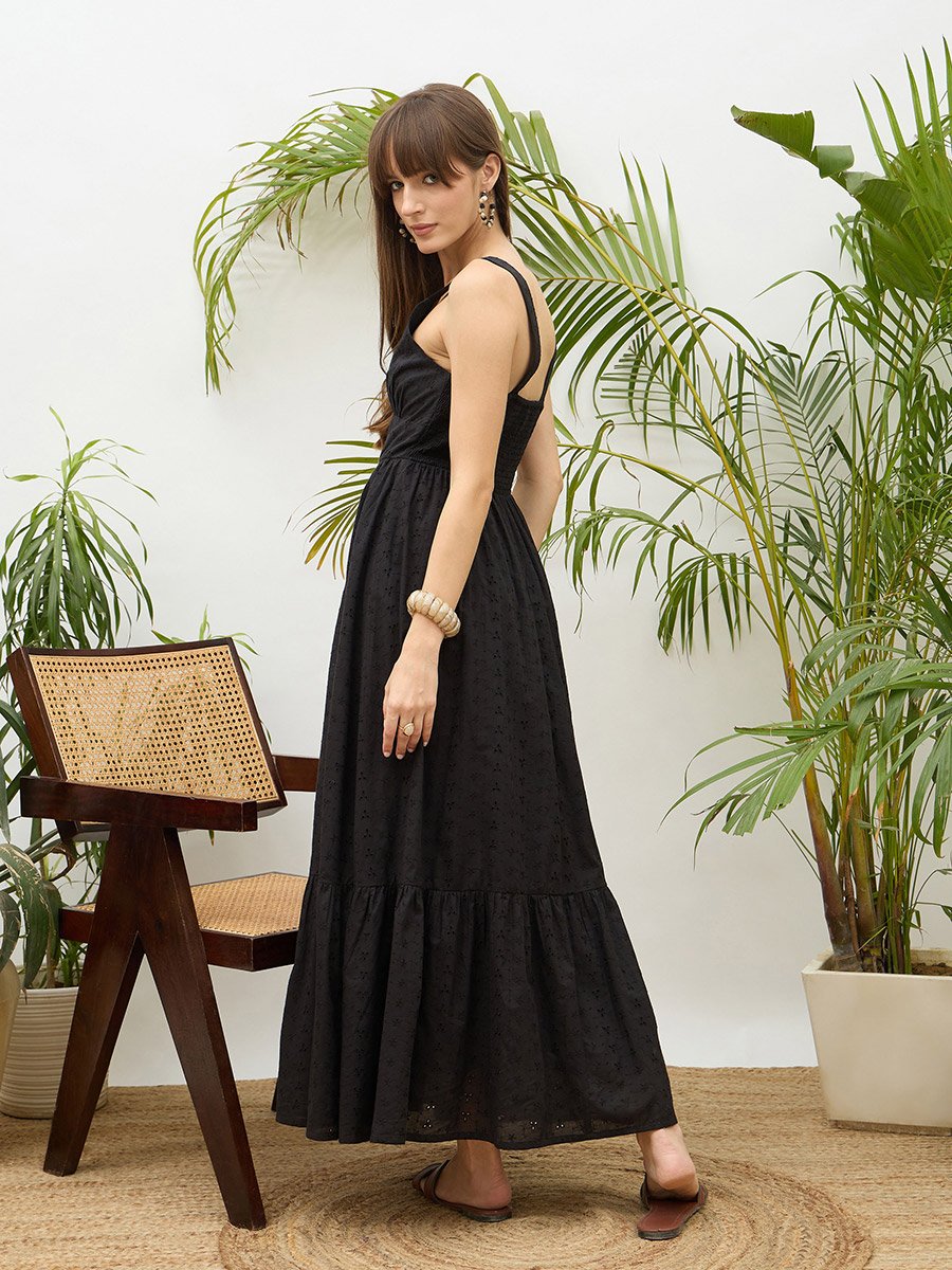 Black Embroidered Strappy Maxi Dress