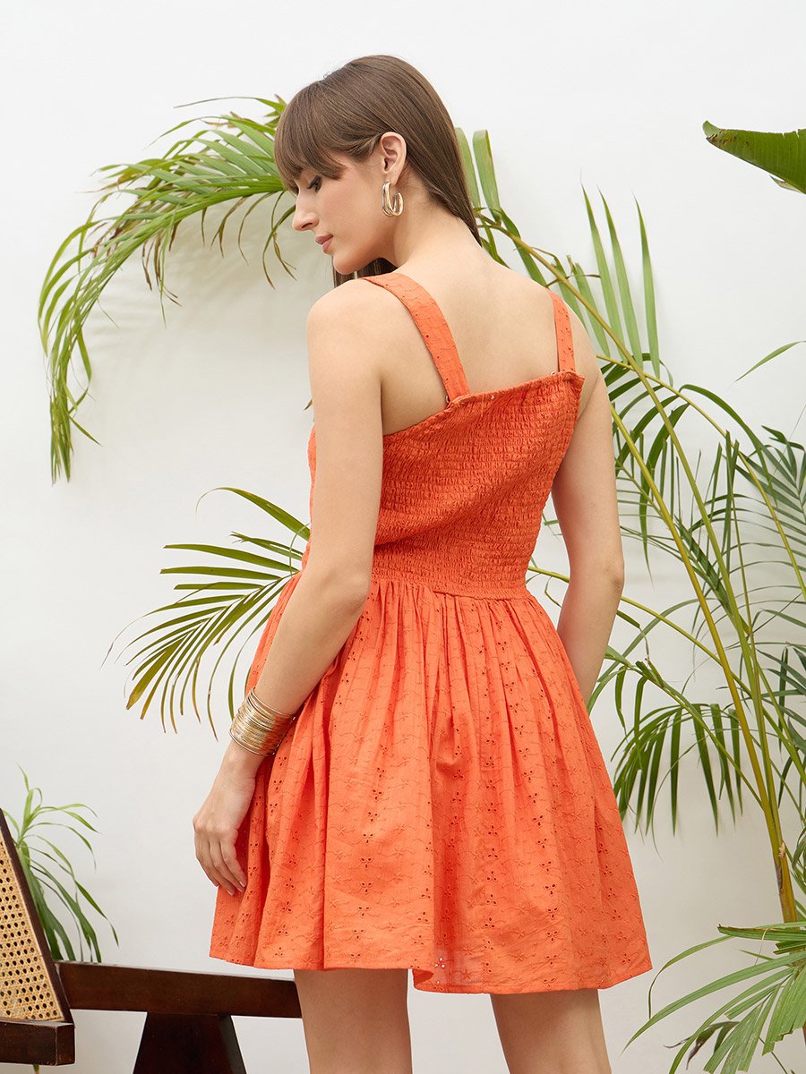 Orange Square Neck Strappy Mini Dress