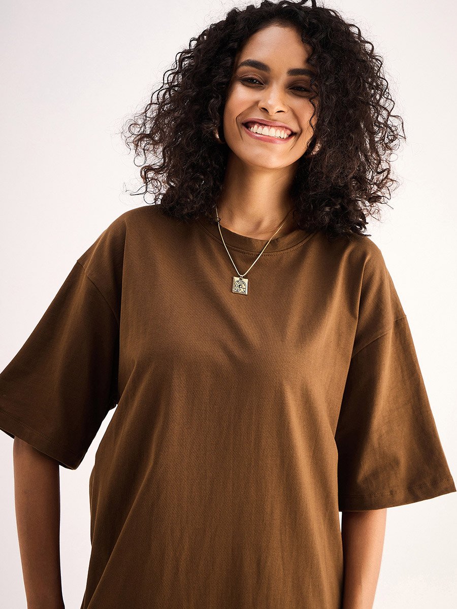 brown oversized t shirt dress Brown Oversized T-Shirt Midi Dress For Women at UAE