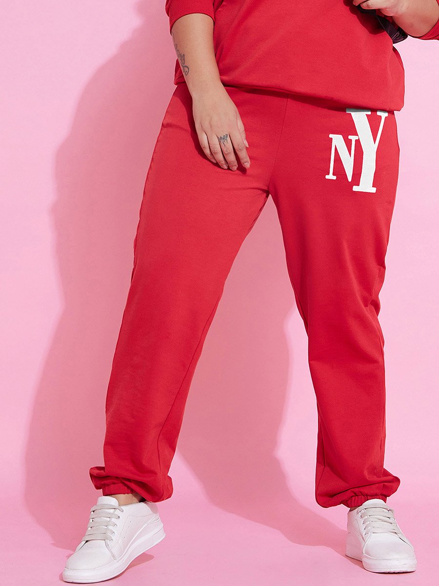 Plus Size Red NY Print Jogger with Drawstring