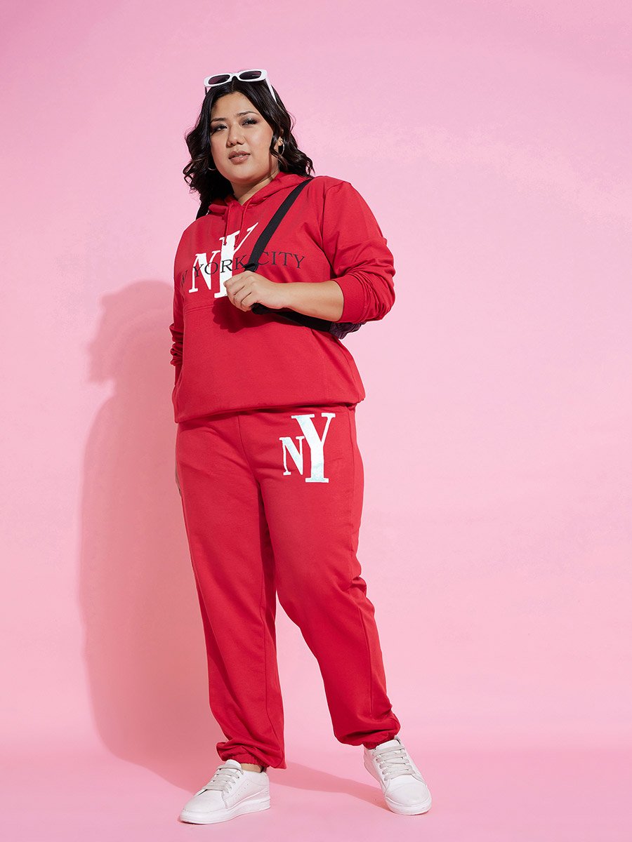 Plus Size Red NY Print Jogger with Drawstring