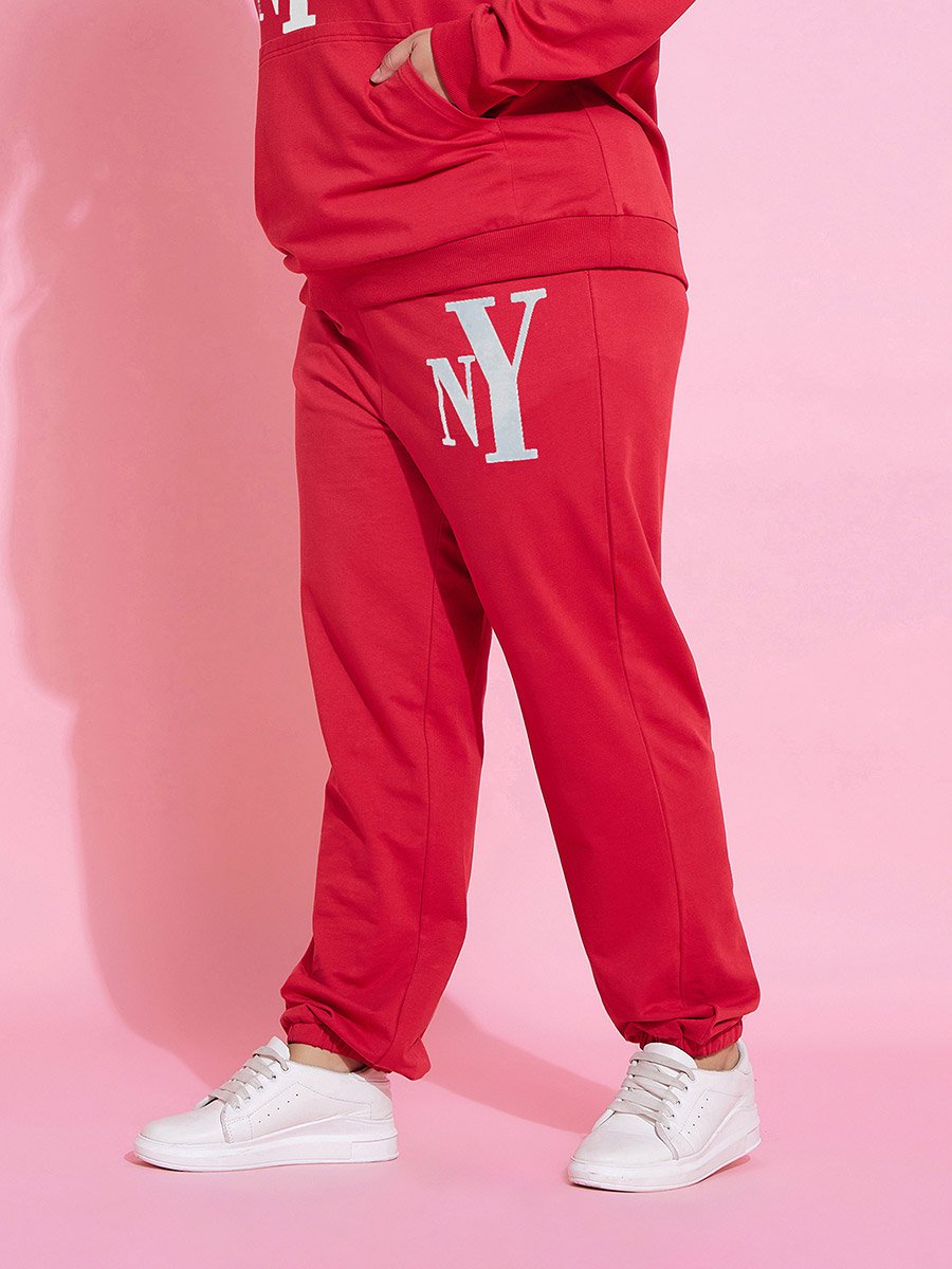 Plus Size Red NY Print Jogger with Drawstring