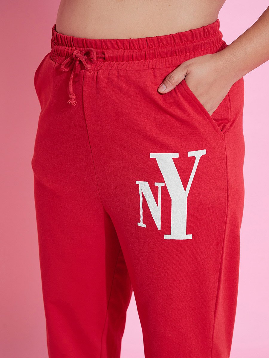 Plus Size Red NY Print Jogger with Drawstring
