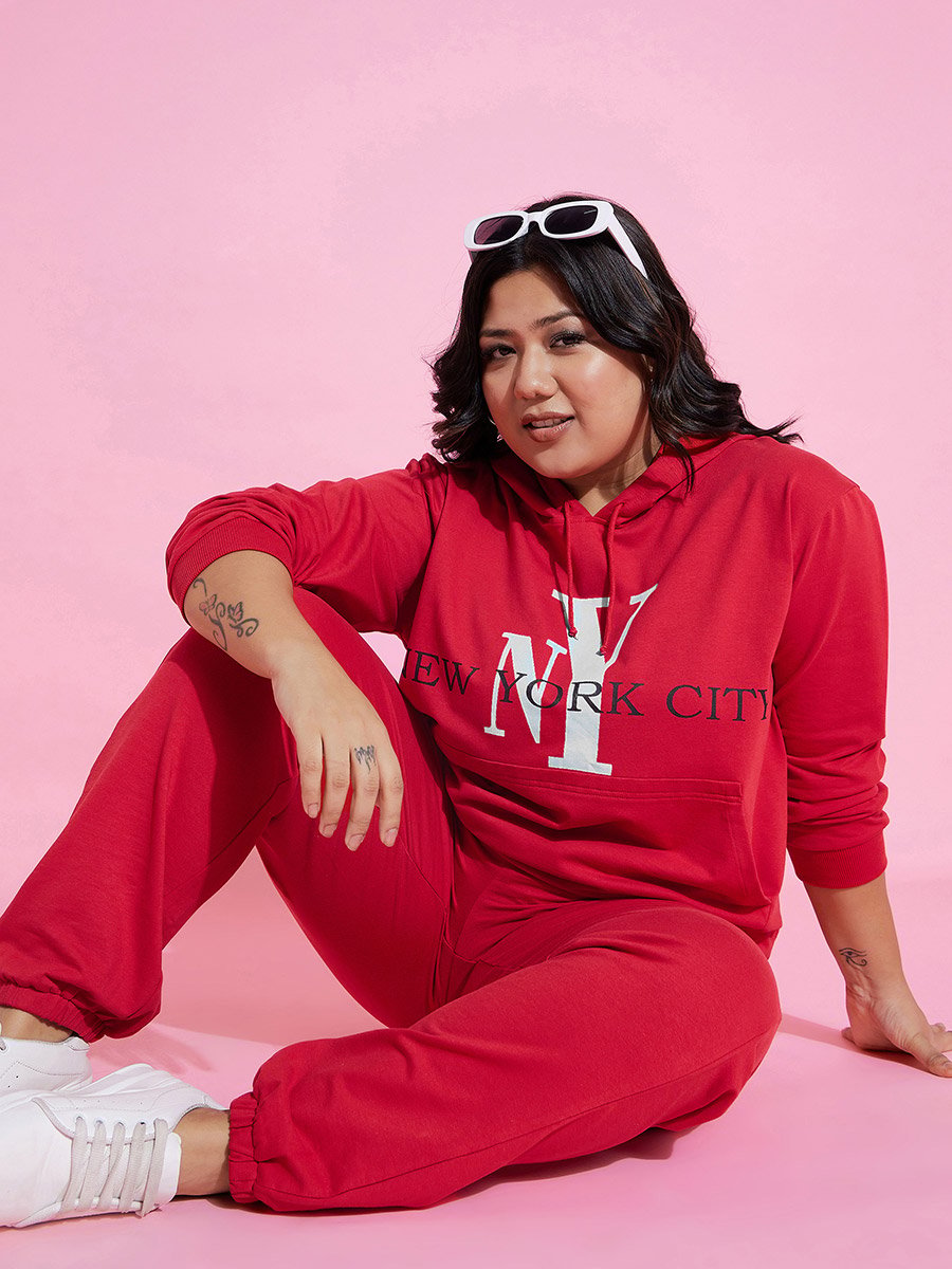 Plus Size Red NY Print Jogger with Drawstring