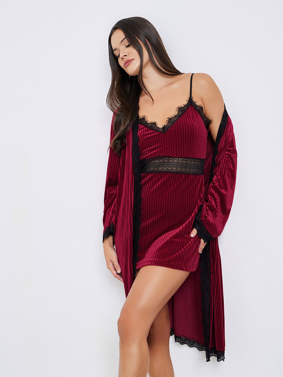 Ribbed Velvet Contrast Lace Trim Slip Dress with Robe