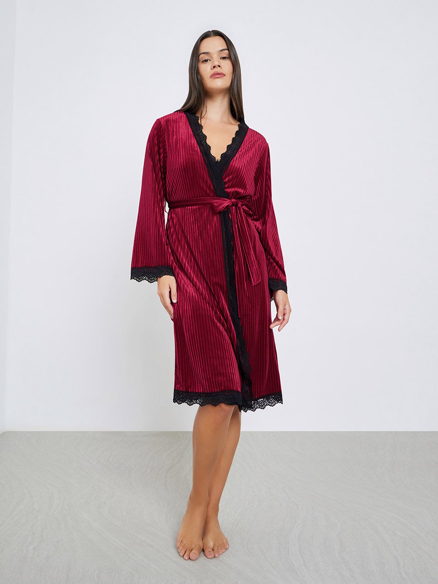 Ribbed Velvet Contrast Lace Trim Slip Dress with Robe