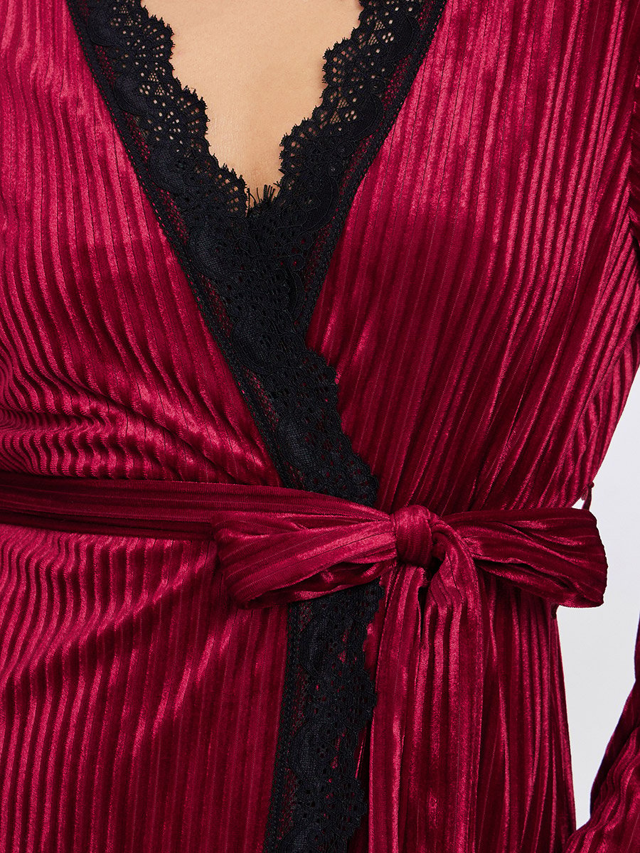 Ribbed Velvet Contrast Lace Trim Slip Dress with Robe