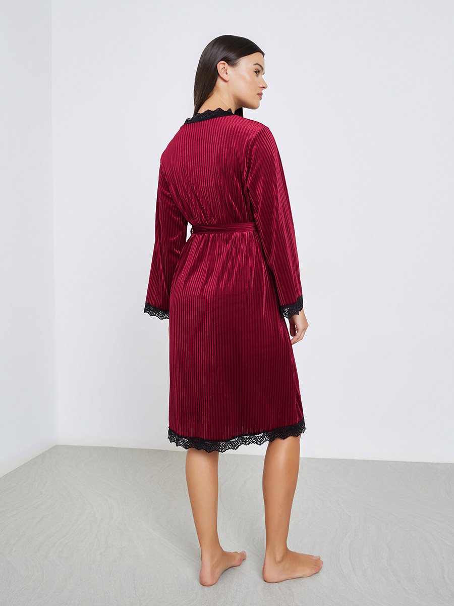 Ribbed Velvet Contrast Lace Trim Slip Dress with Robe