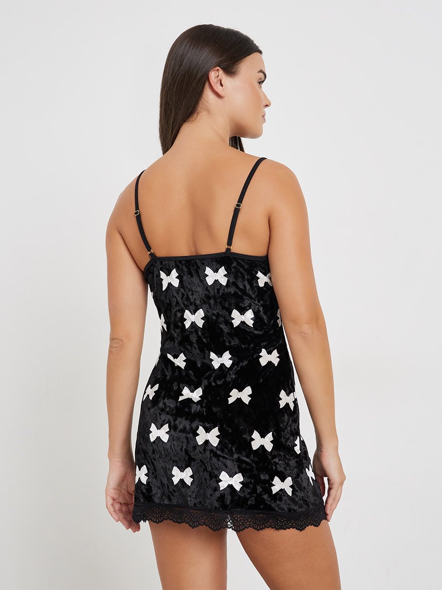 Bow Print Velvet Slip with Lace Detail