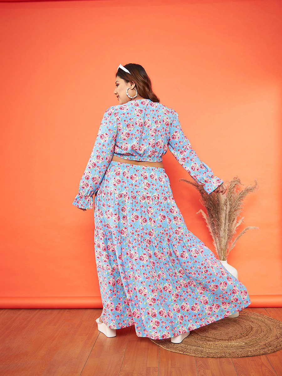 Plus Size Blue Floral Waist Cut-Out Maxi Dress