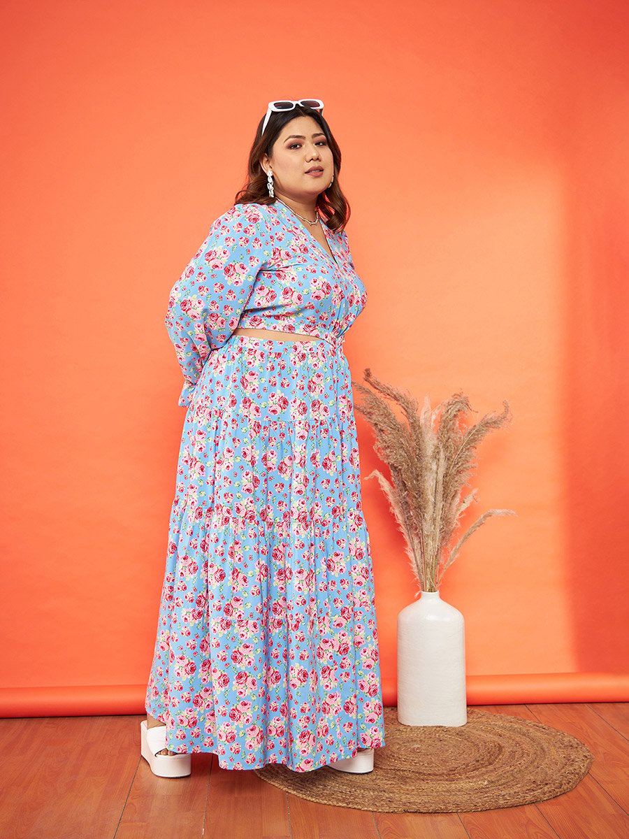 Plus Size Blue Floral Waist Cut-Out Maxi Dress