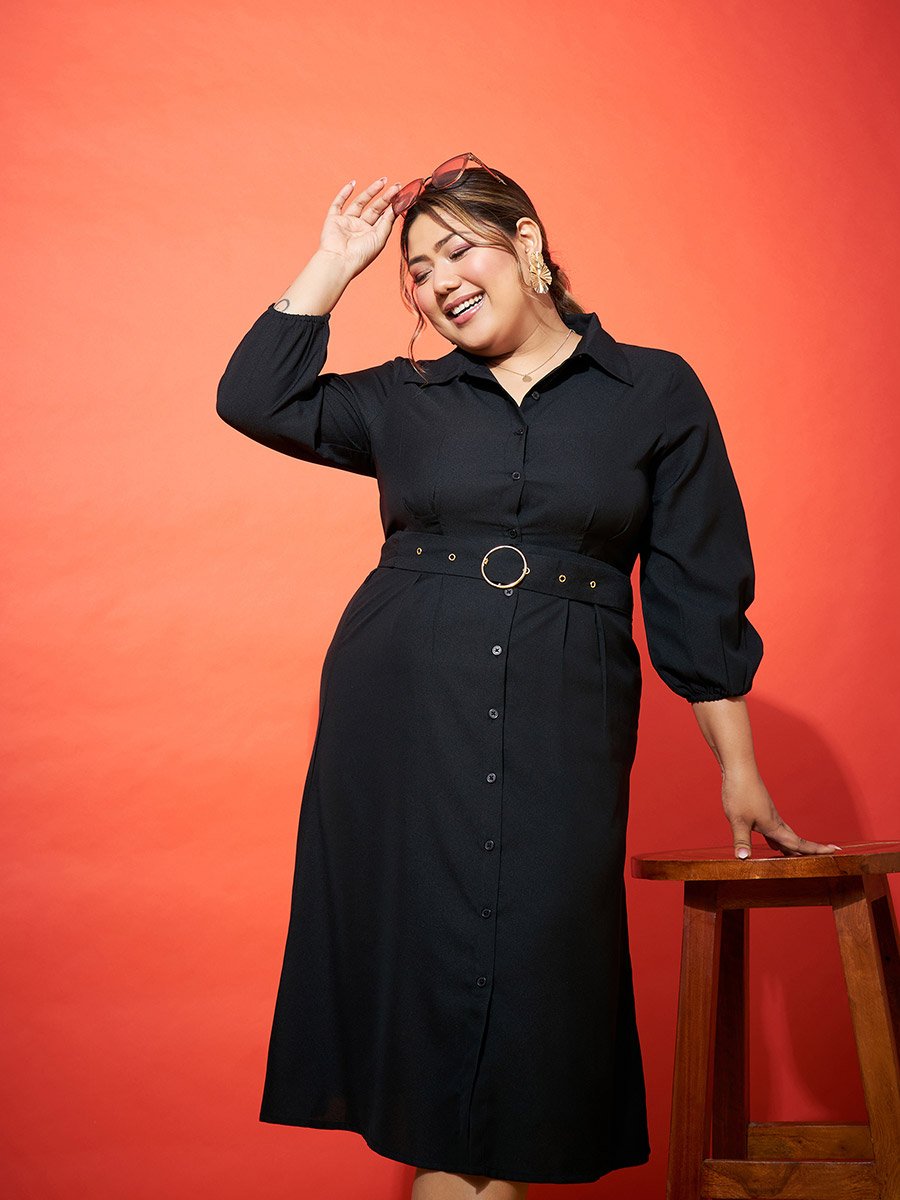 Plus Size Black Shirt Belted Midi Dress