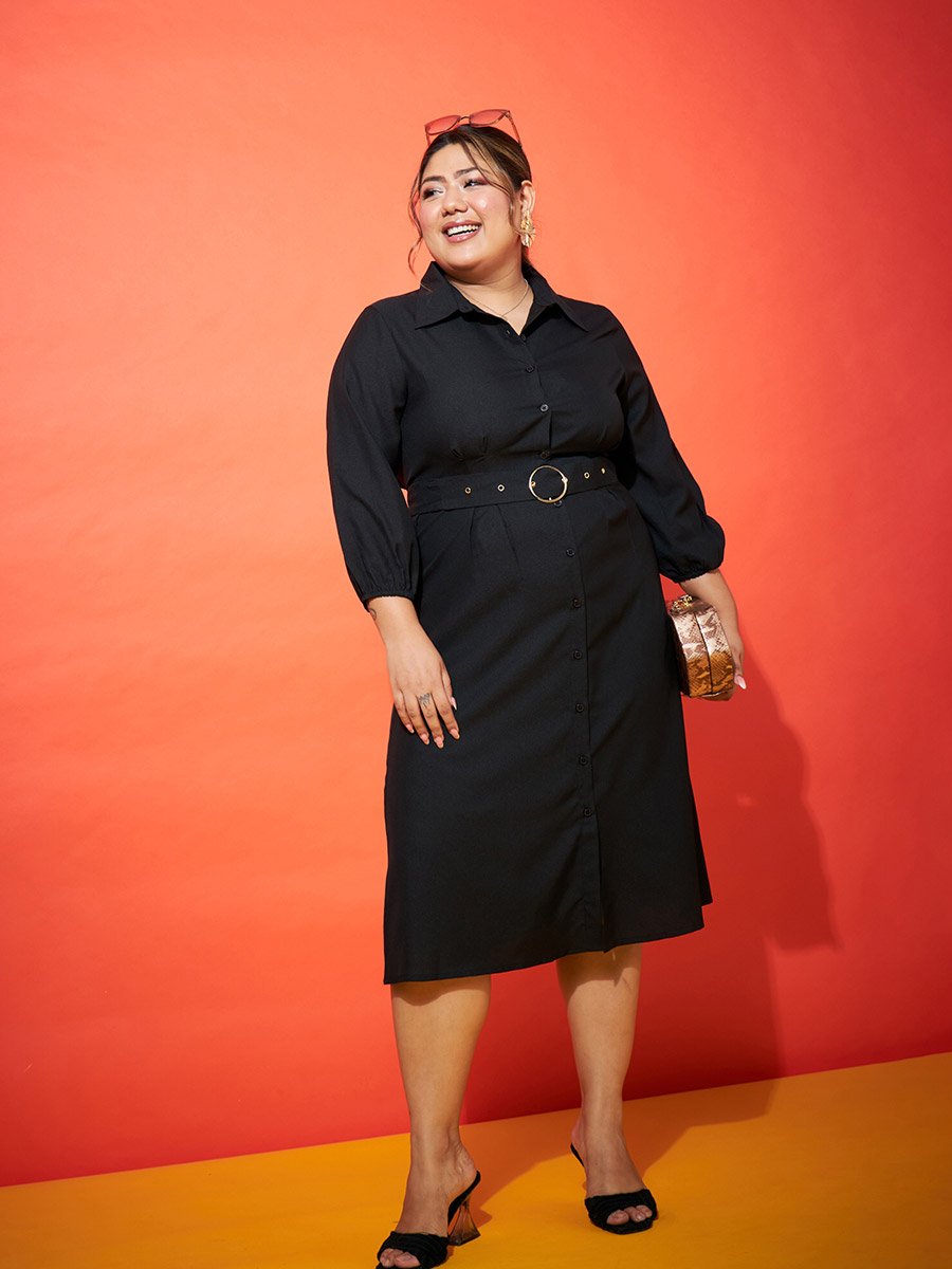 Plus Size Black Shirt Belted Midi Dress