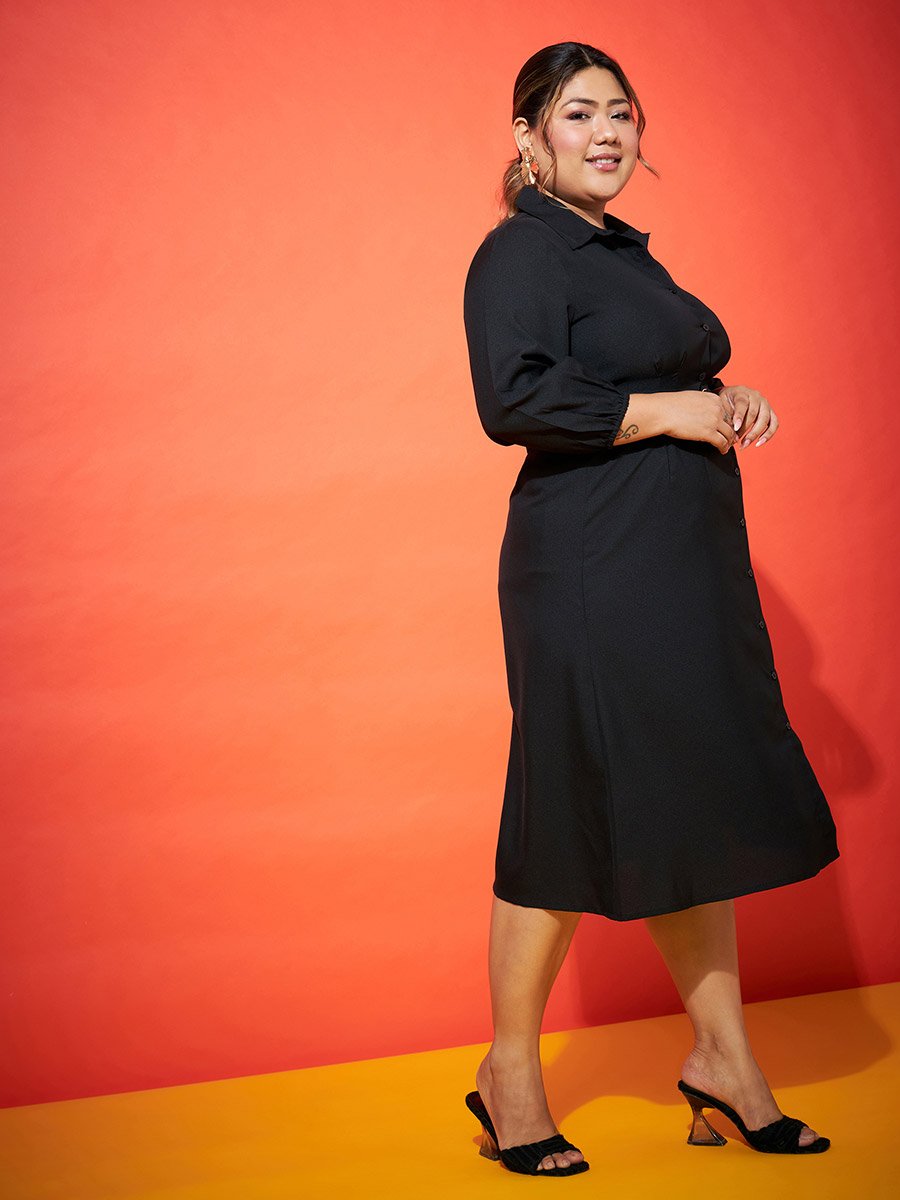 Plus Size Black Shirt Belted Midi Dress