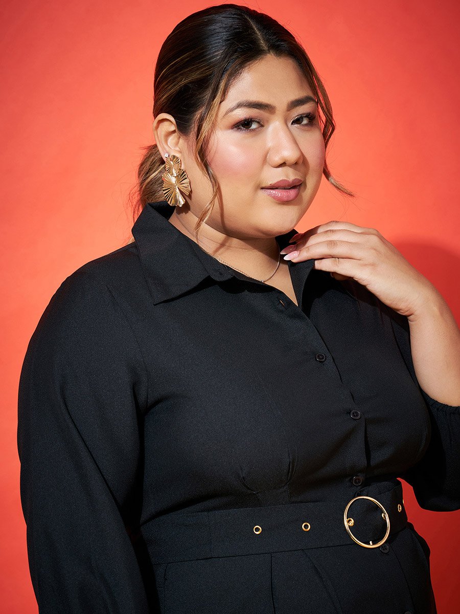 Plus Size Black Shirt Belted Midi Dress