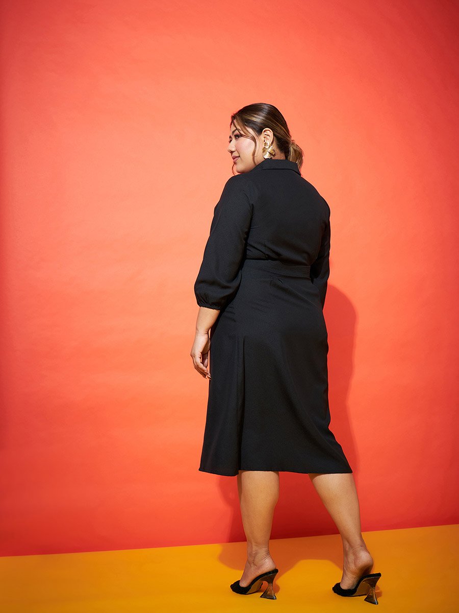Plus Size Black Shirt Belted Midi Dress