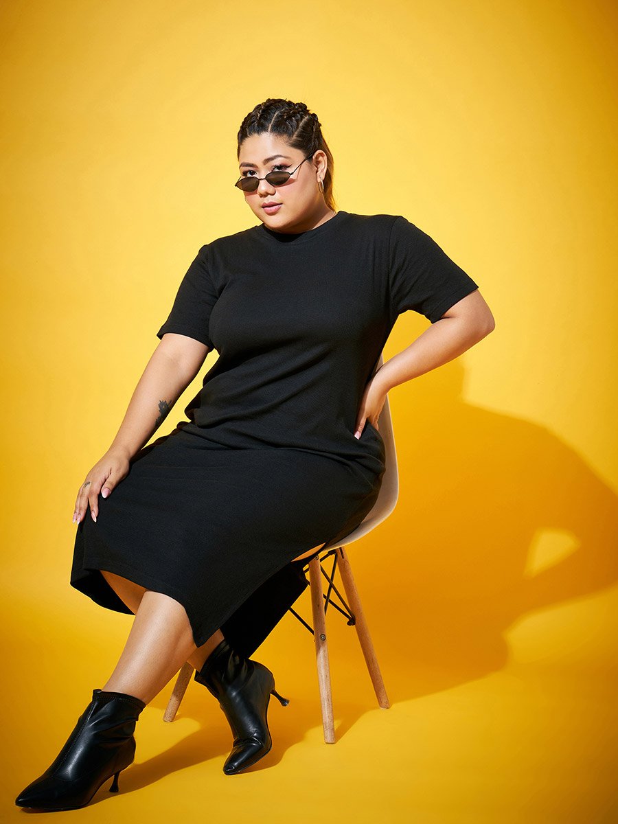 Plus Size Black Side Slit Midi Dress