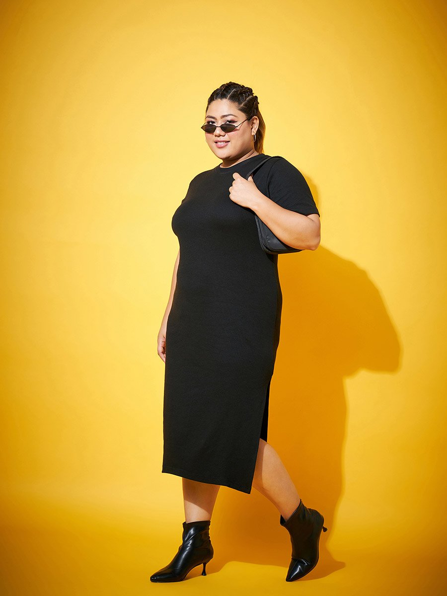 Plus Size Black Side Slit Midi Dress