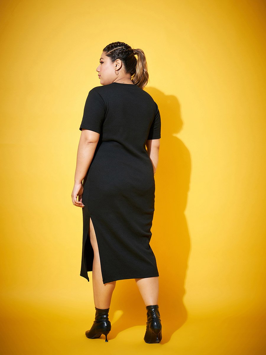 Plus Size Black Side Slit Midi Dress
