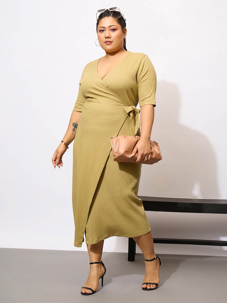 Plus Size Khaki Rib Wrap Bodycon Midi Dress