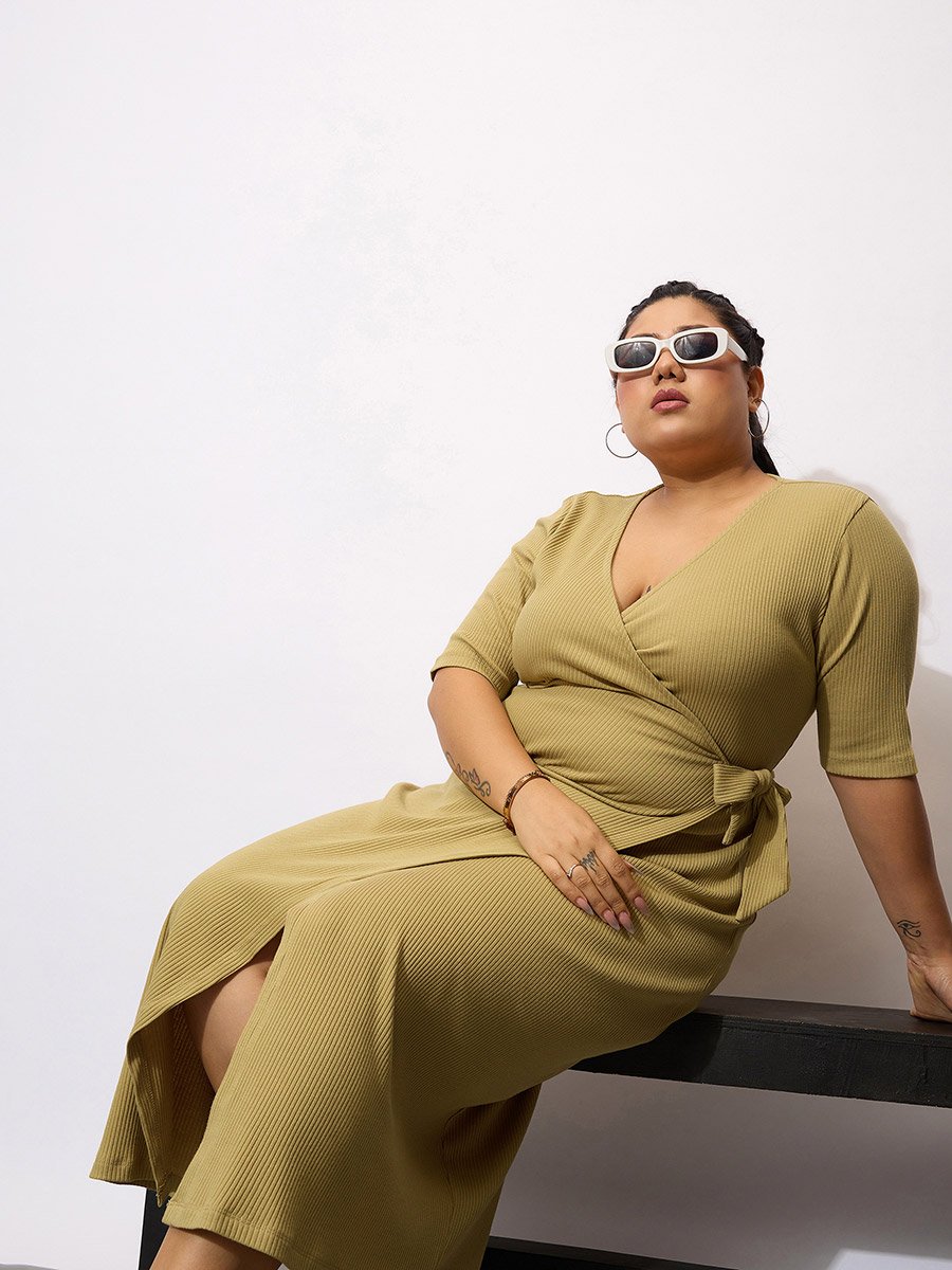 Plus Size Khaki Rib Wrap Bodycon Midi Dress
