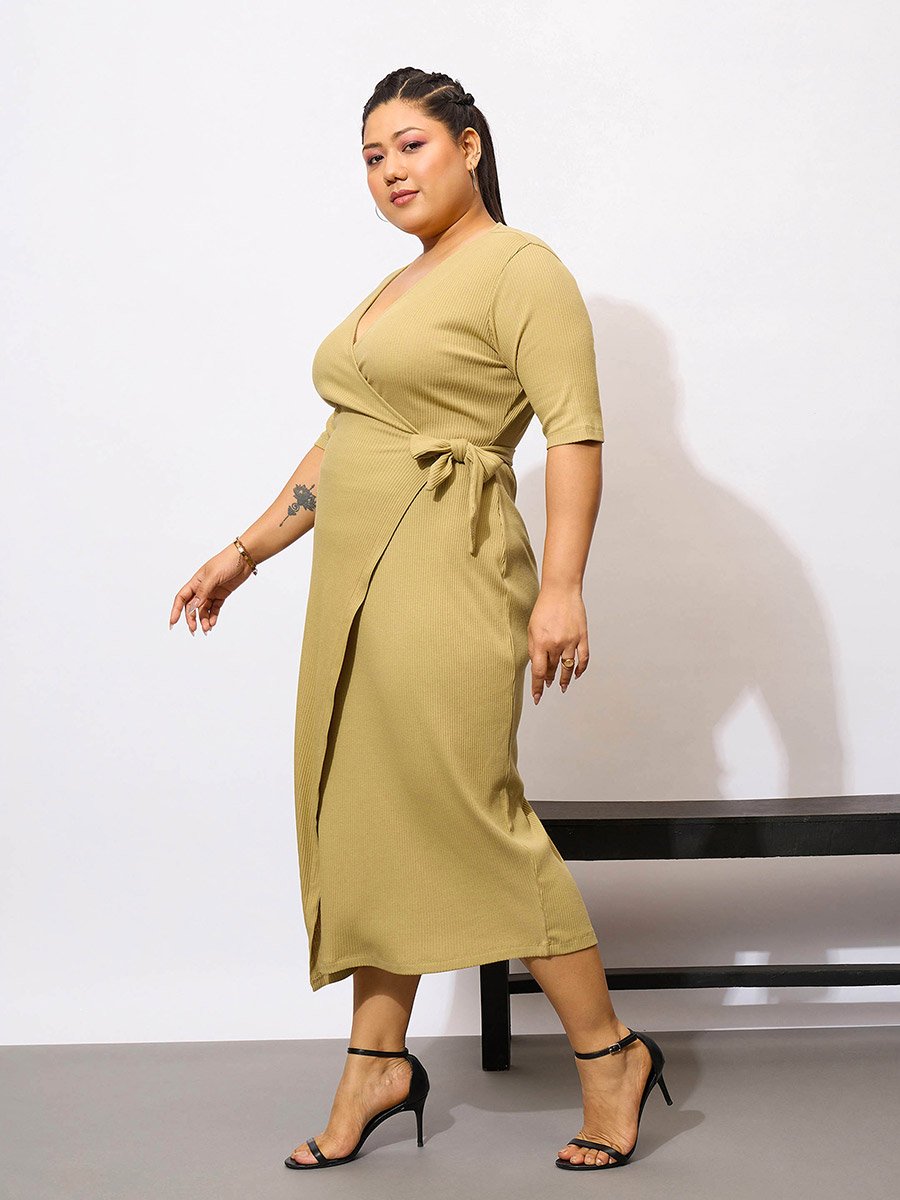 Plus Size Khaki Rib Wrap Bodycon Midi Dress