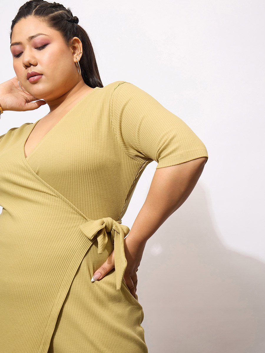 Plus Size Khaki Rib Wrap Bodycon Midi Dress