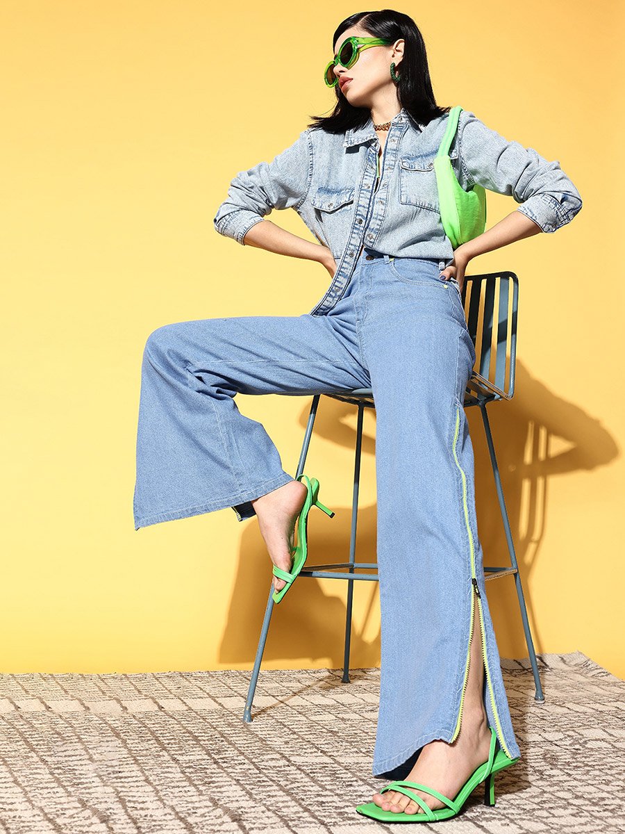 Women Blue High Rise Side Zipper Detail Straight Jeans