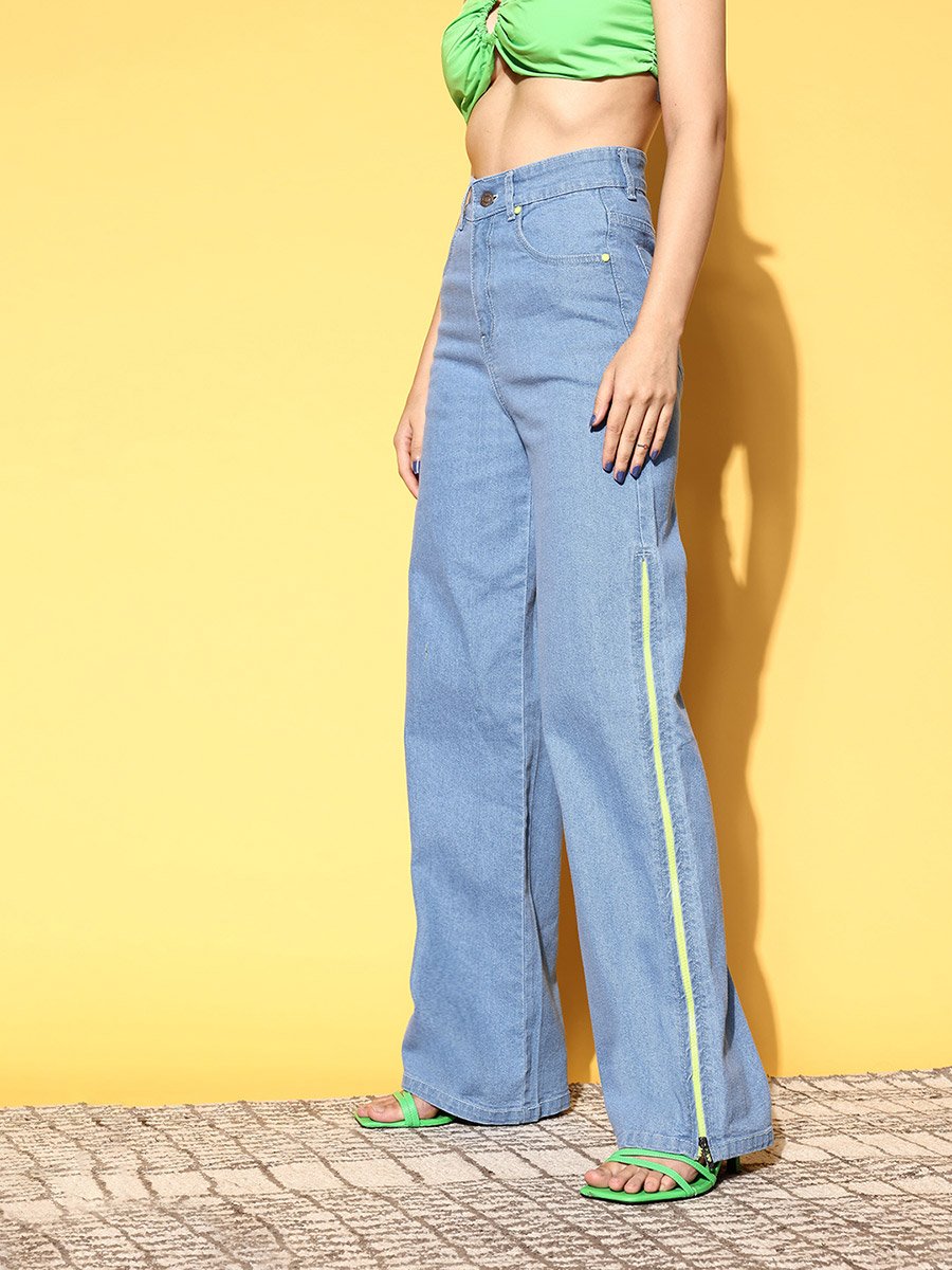 Women Blue High Rise Side Zipper Detail Straight Jeans