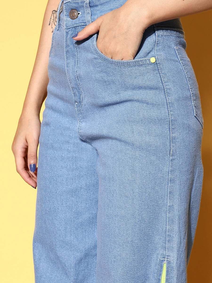 Women Blue High Rise Side Zipper Detail Straight Jeans