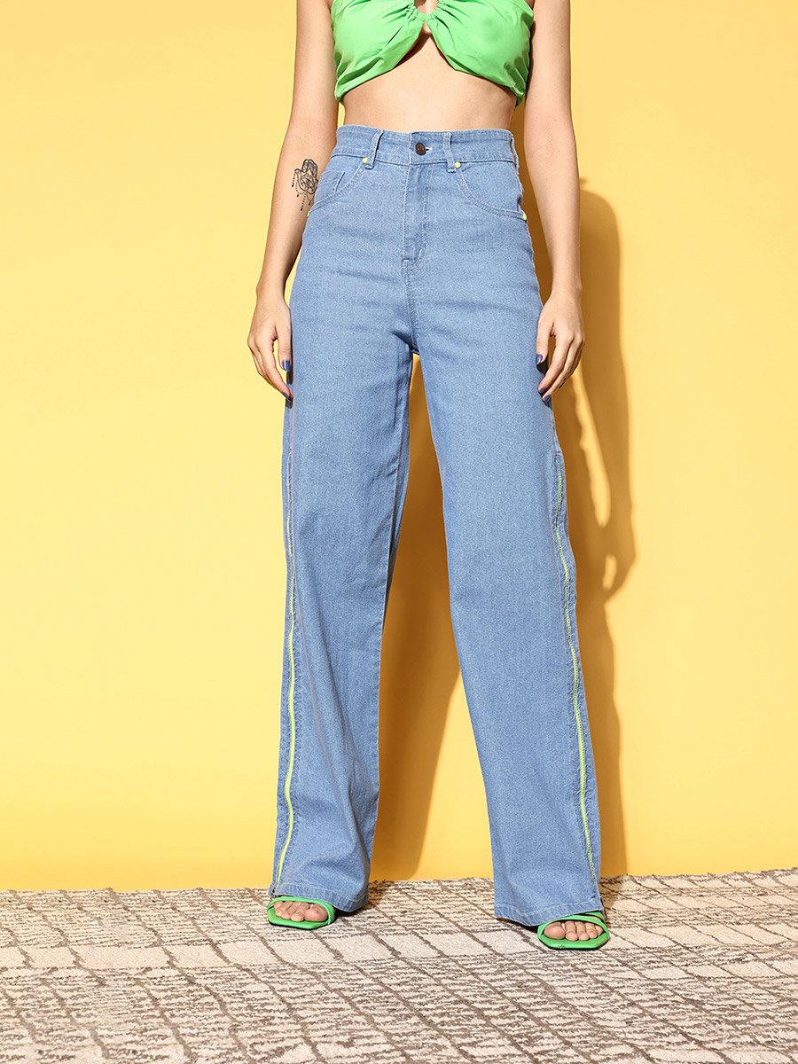 Women Blue High Rise Side Zipper Detail Straight Jeans