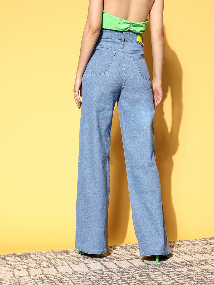 Women Blue High Rise Side Zipper Detail Straight Jeans