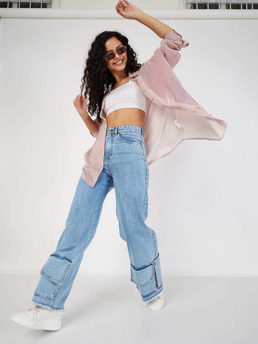 Women Bue High Rise Hem Pocket Detail Straight Jeans