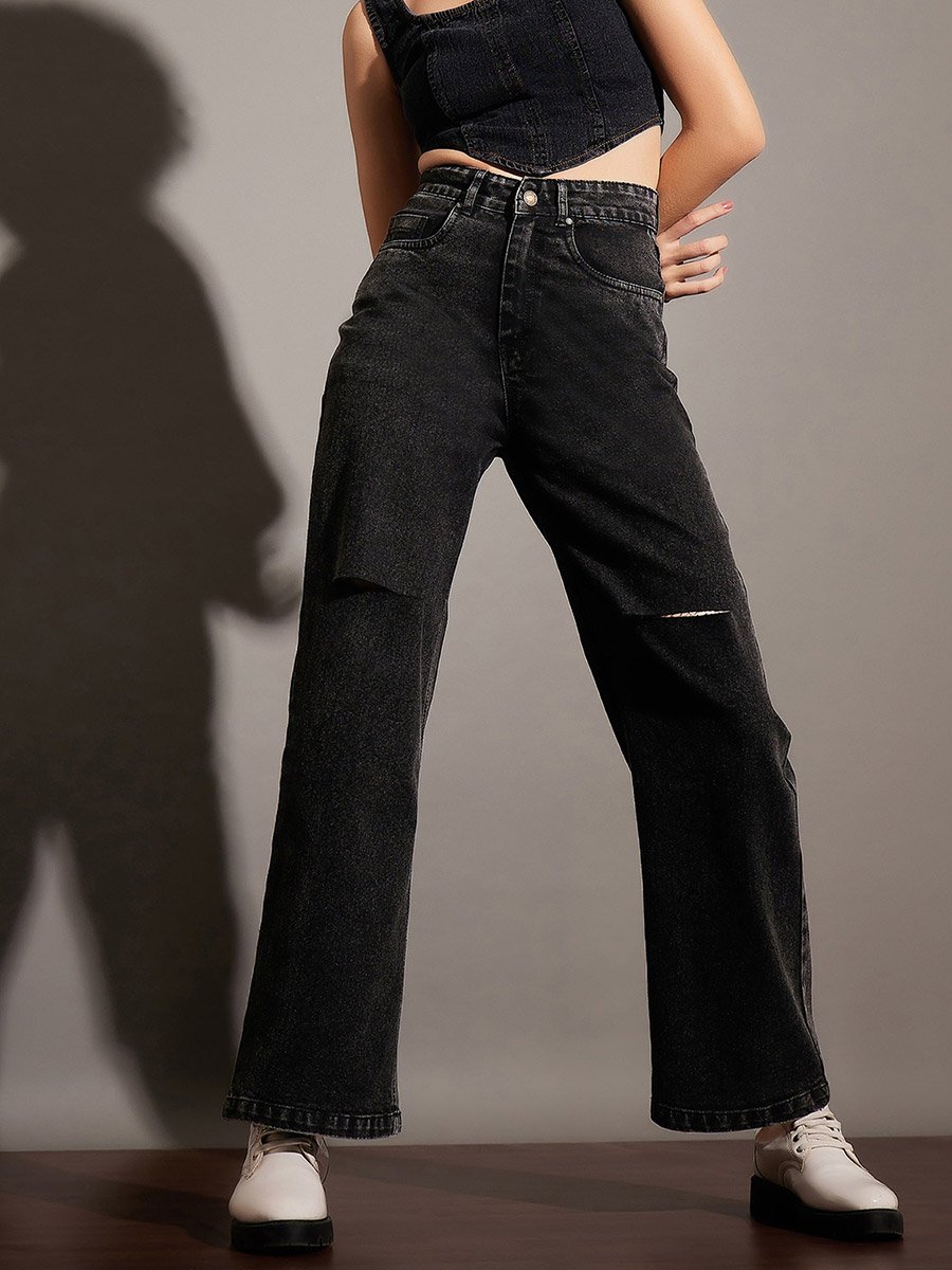Women Black High Rise Washed Straight Jeans with Knee Slit