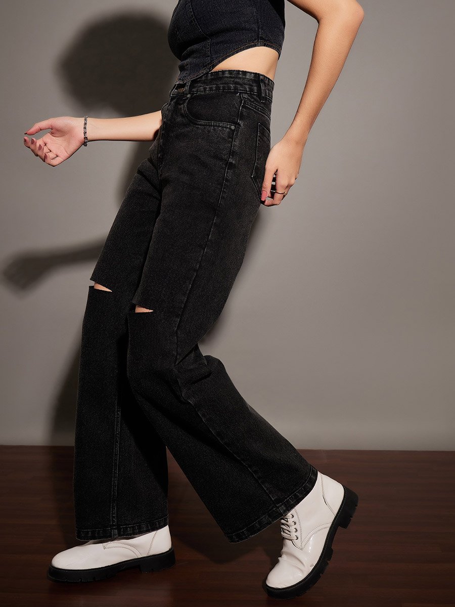 Women Black High Rise Washed Straight Jeans with Knee Slit