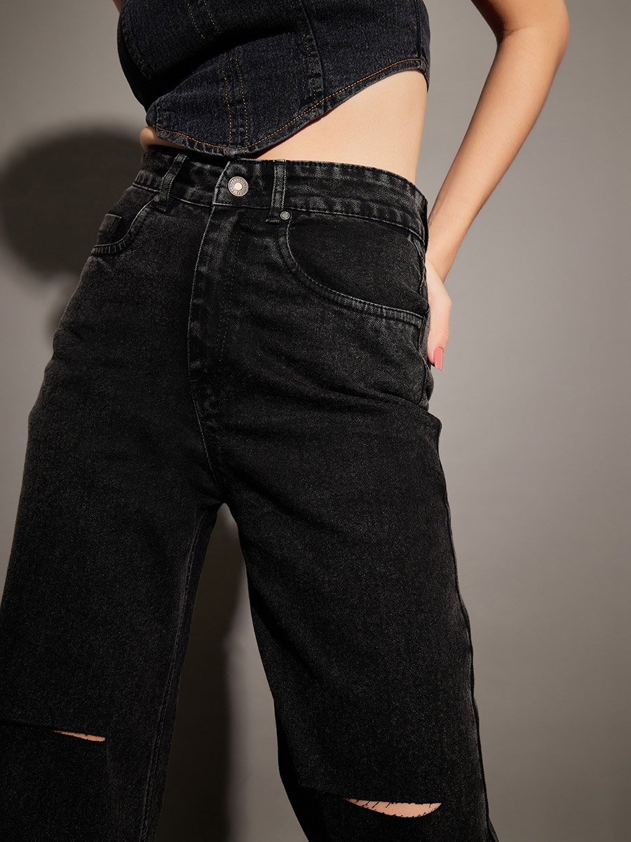 Women Black High Rise Washed Straight Jeans with Knee Slit