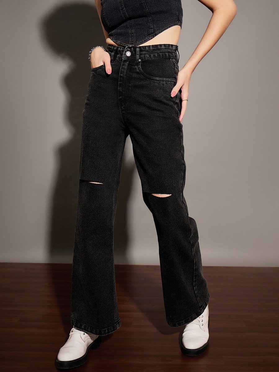 Women Black High Rise Washed Straight Jeans with Knee Slit