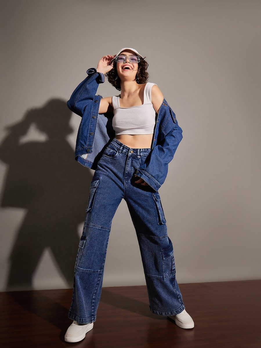 Women Blue Washed Multi Pocket Straight Jeans
