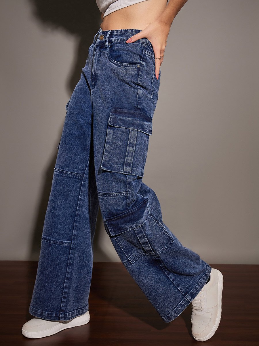 Women Blue Washed Multi Pocket Straight Jeans