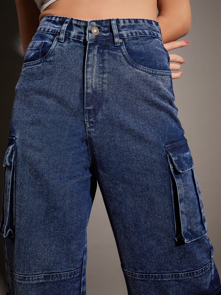 Women Blue Washed Multi Pocket Straight Jeans