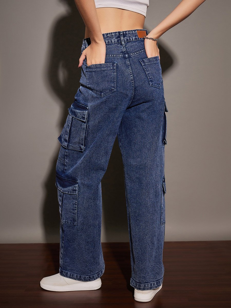 Women Blue Washed Multi Pocket Straight Jeans
