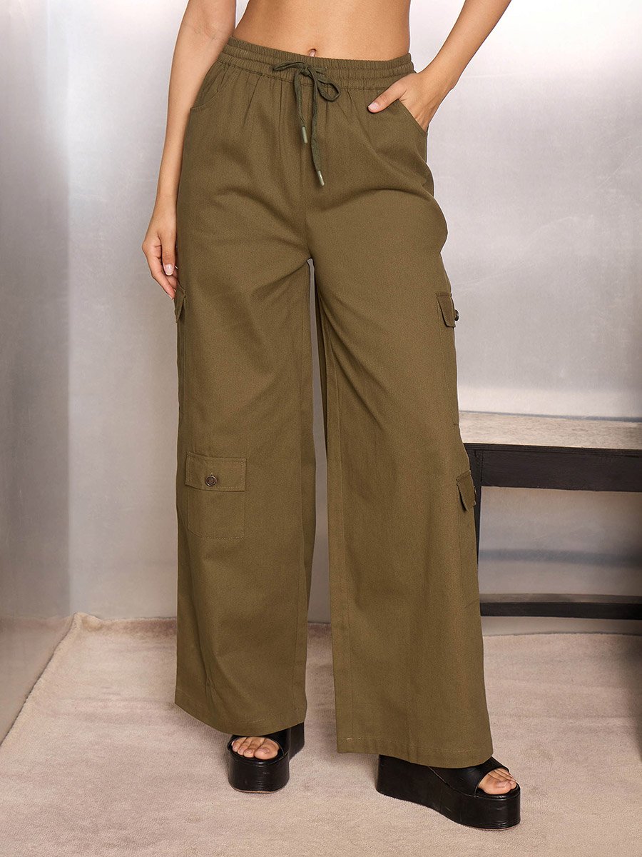 Women Olive Solid Twill Drawstring Cargo Pants