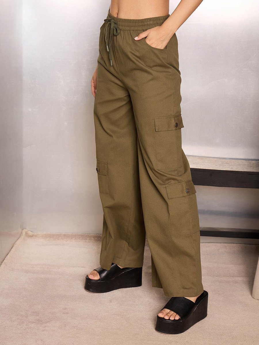 Women Olive Solid Twill Drawstring Cargo Pants
