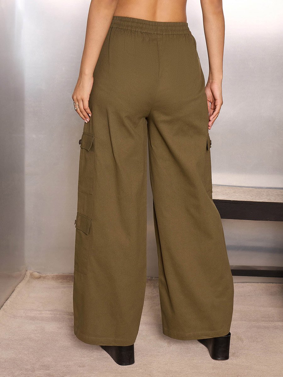 Women Olive Solid Twill Drawstring Cargo Pants