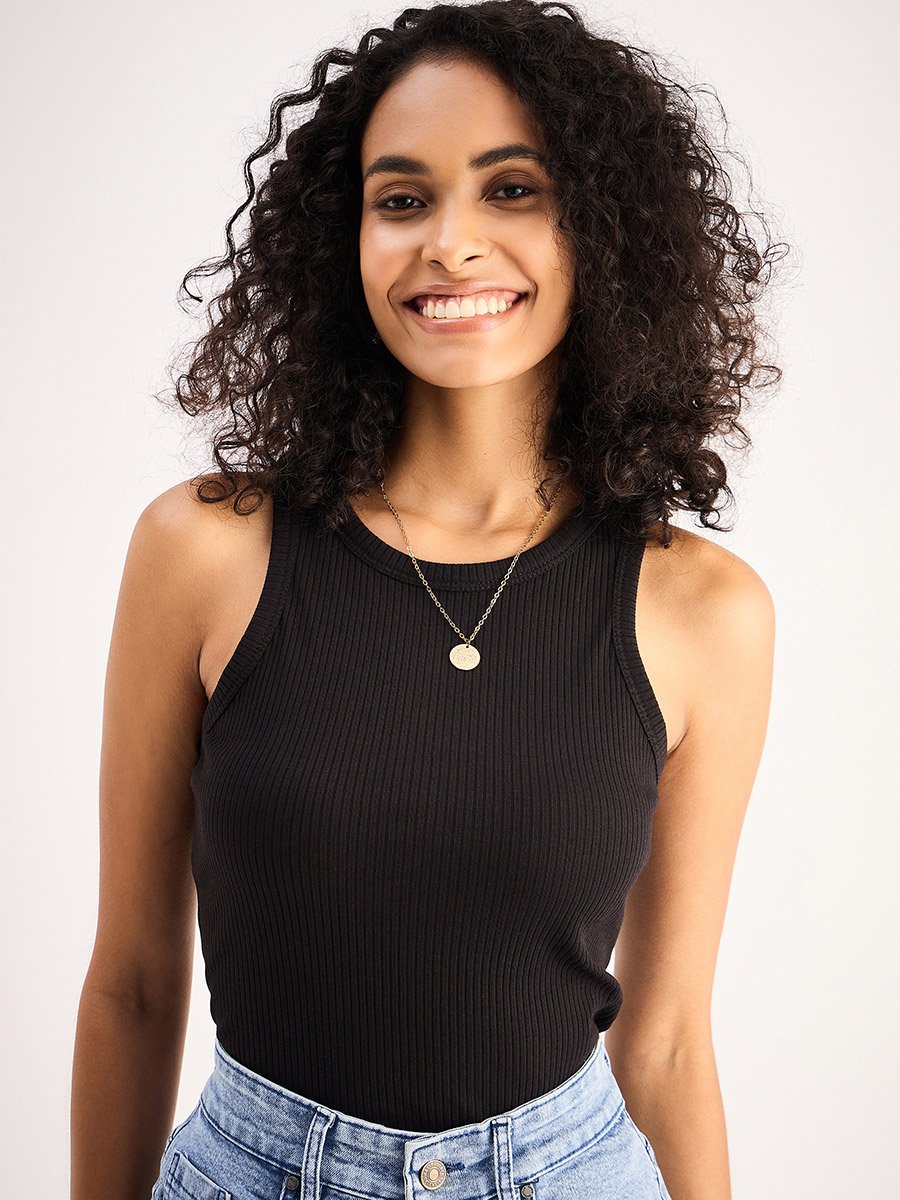 Women Black Ribbed Sleeveless Round Neck Top