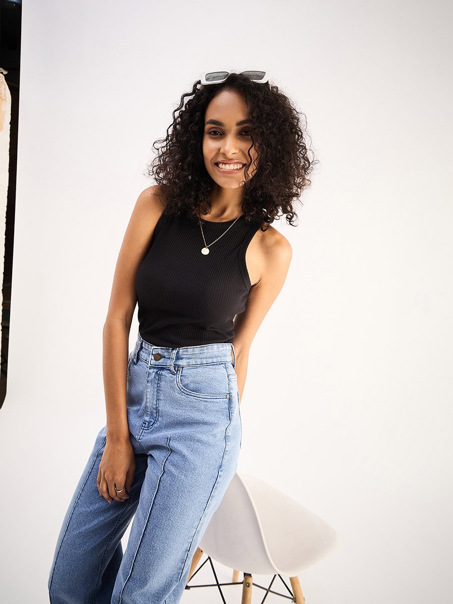 Women Black Ribbed Sleeveless Round Neck Top