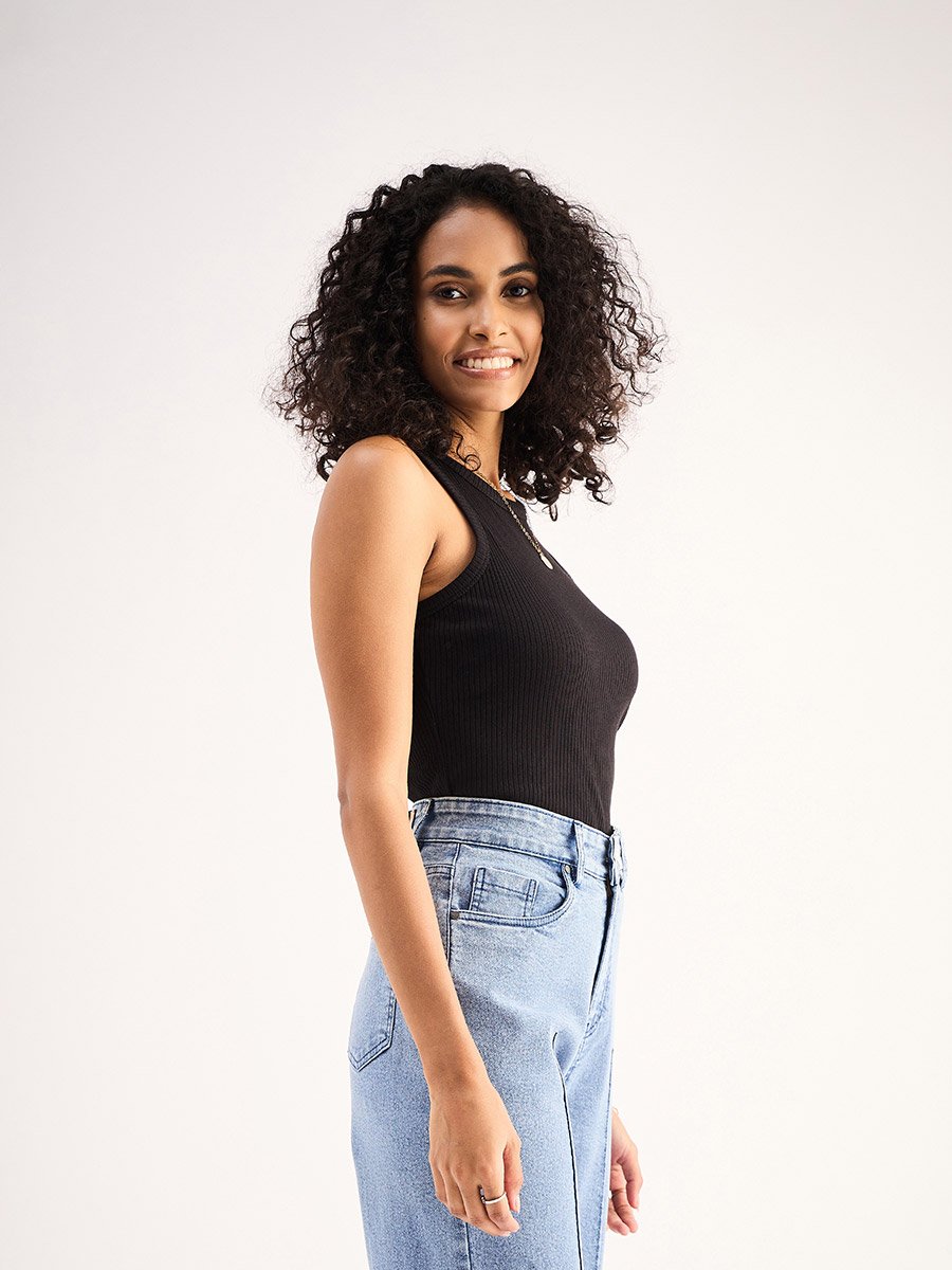 Women Black Ribbed Sleeveless Round Neck Top